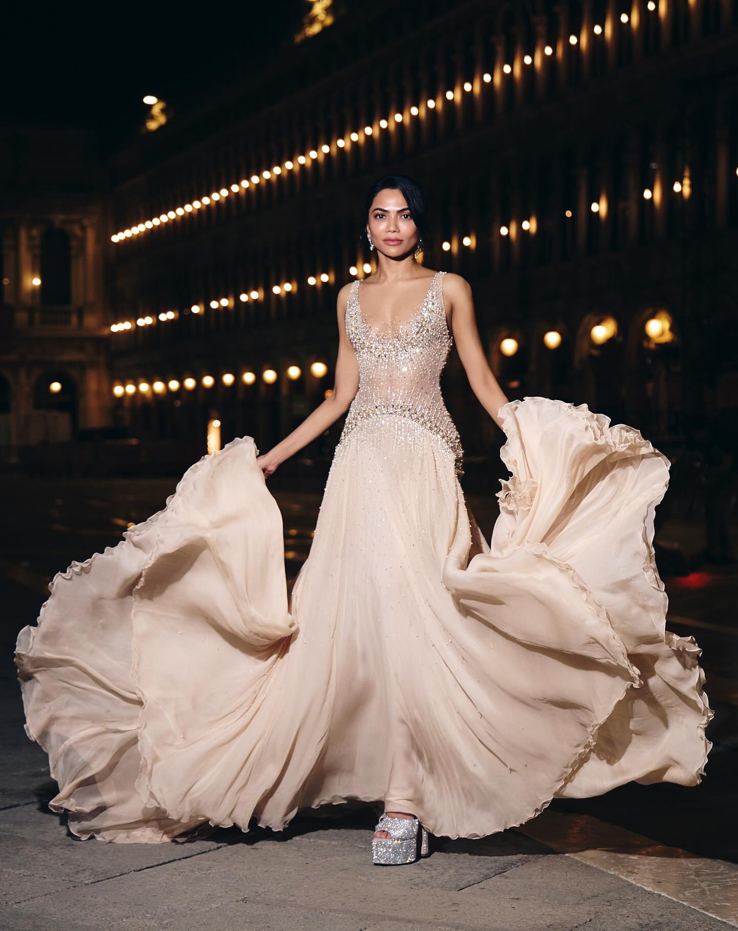 Mona Patel in a rhinestone-studded Georges Hobeika gown, radiating quiet opulence at the Bezos-Sánchez wedding. (Image: Instagram)