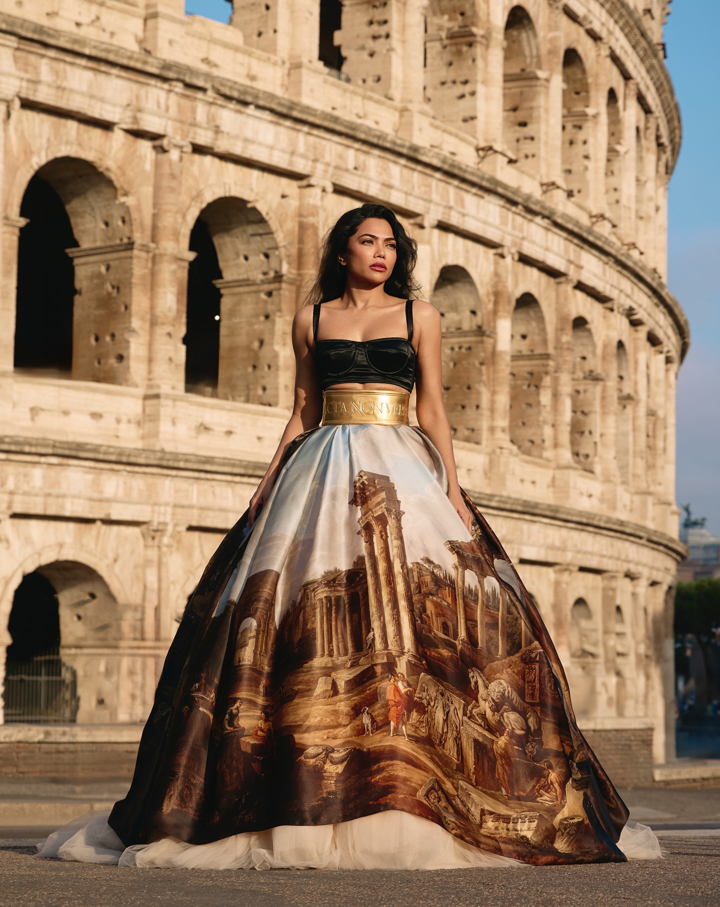 Mona Patel in a majestic Dolce & Gabbana Alta Moda gown in Rome, embodying couture as living art. (Image: Instagram)