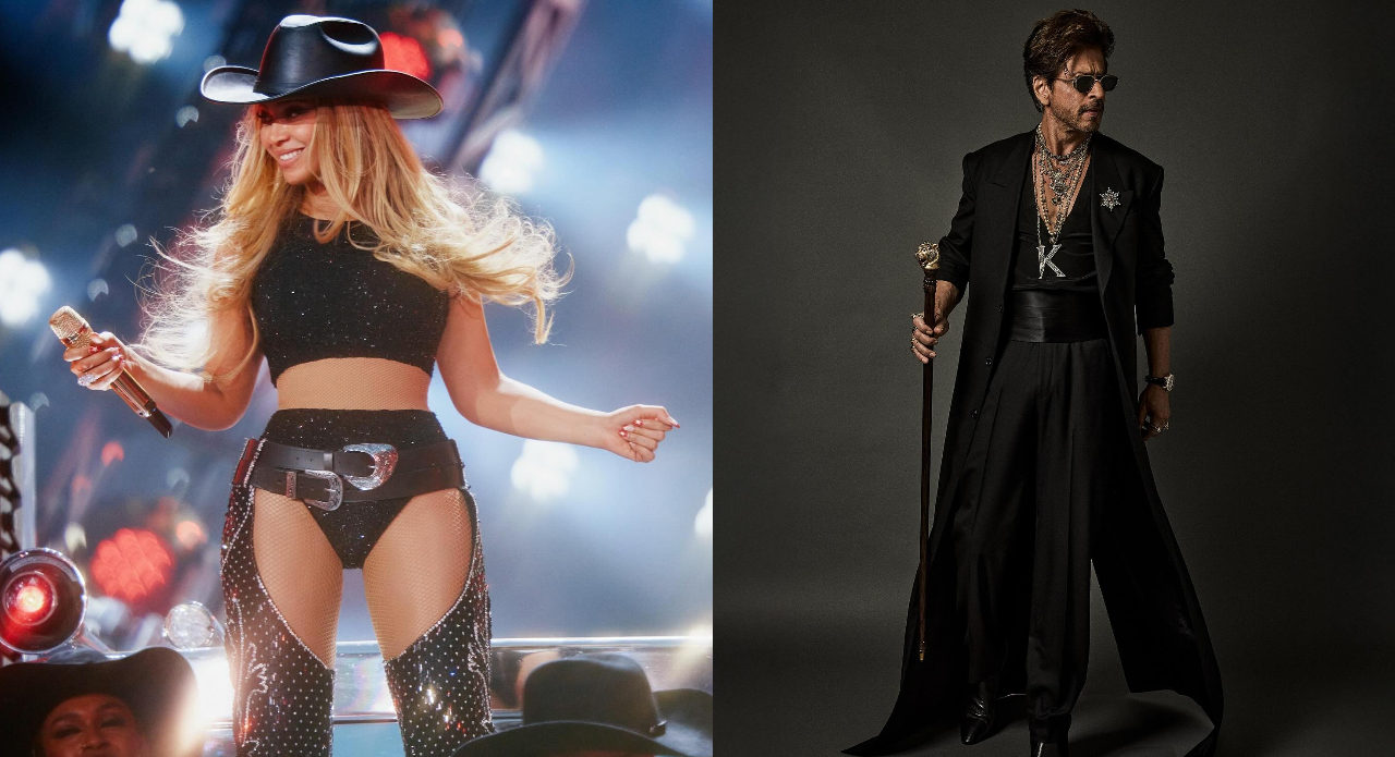 Beyoncé in custom Manish Malhotra chaps during her Cowboy Carter tour (left); Shah Rukh Khan with Sabyasachi Mukherjee at the Met Gala 2025 (right) (Images: Instagram)