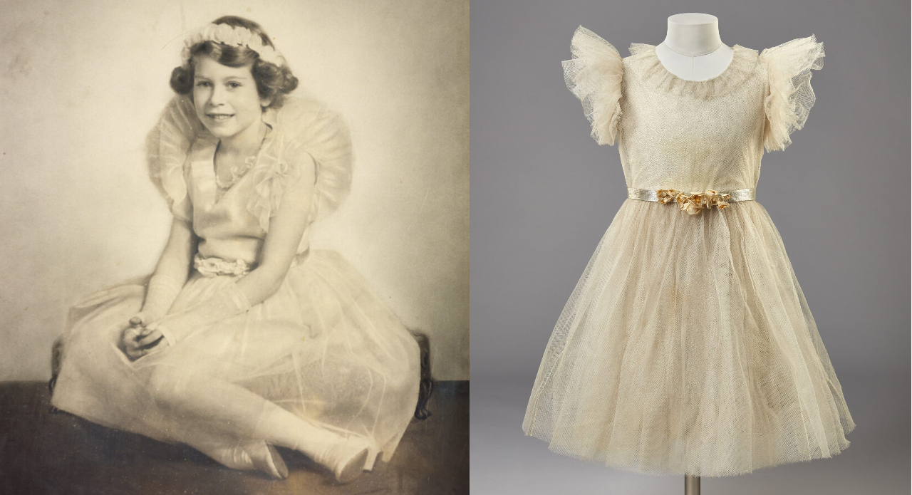 One of the earliest pieces on display will be a delicate silver lamé and tulle bridesmaid dress designed by Edward Molyneux, worn by the then eight-year-old princess at the 1934 wedding of her uncle.