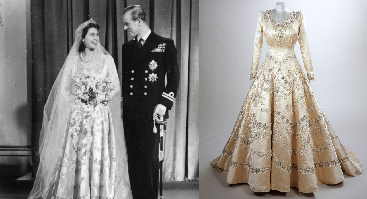 The Queen’s post-war wedding dress by Norman Hartnell, a symbol of grace and hope. (Image: Instagram)