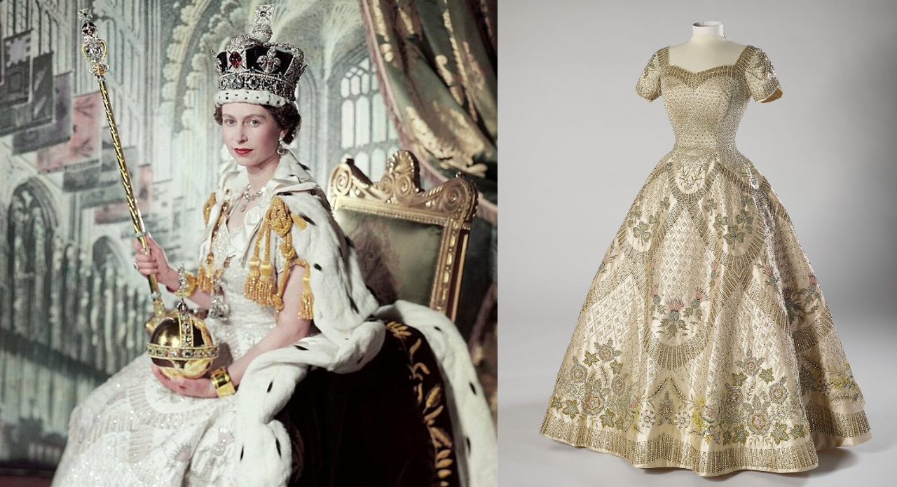 Her Majesty's coronation gown, richly embroidered with Commonwealth emblems. (Image: Instagram)