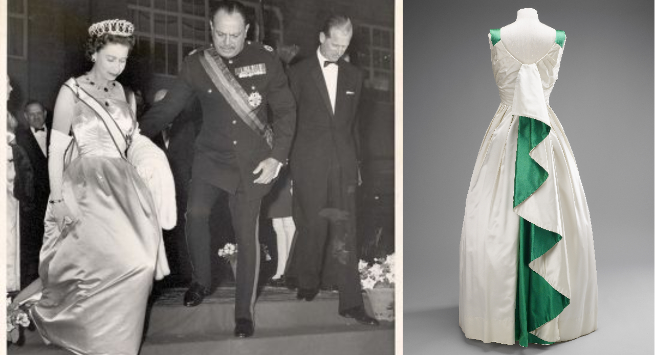 A diplomatic masterpiece—Hartnell’s white gown with emerald pleats for the Queen’s visit to Pakistan. (Image: Instagram)