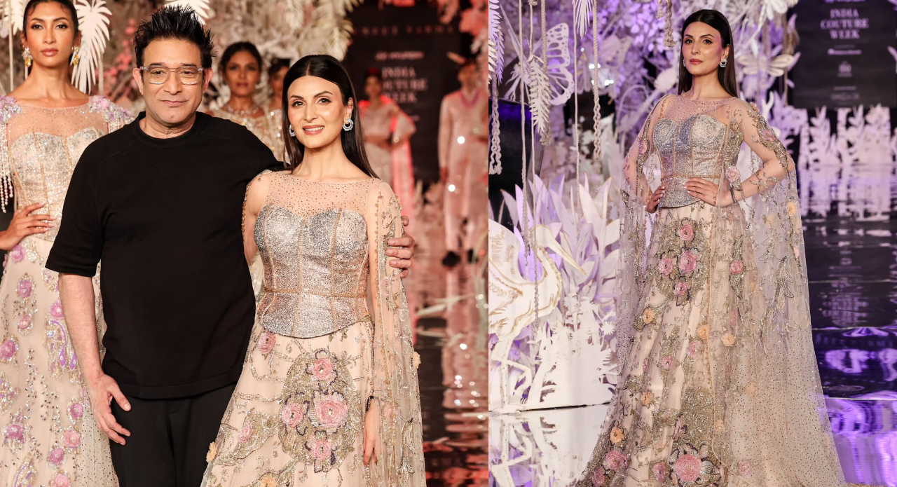Left: Sunit Verma and Riddhima Kapoor Sahni pose post-show. Right: Riddhima commands the runway in wine-toned couture. (Image: Instagram/@fdciofficial)