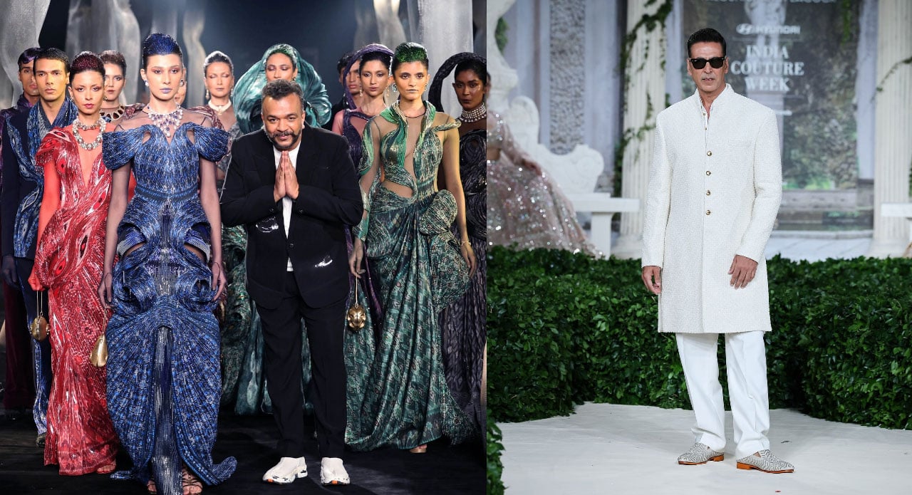 A tale of two couturiers: Amit Aggarwal with his sculptural muses and Akshay Kumar channelling modern royalty for Falguni Shane Peacock. (Images: Instagram)