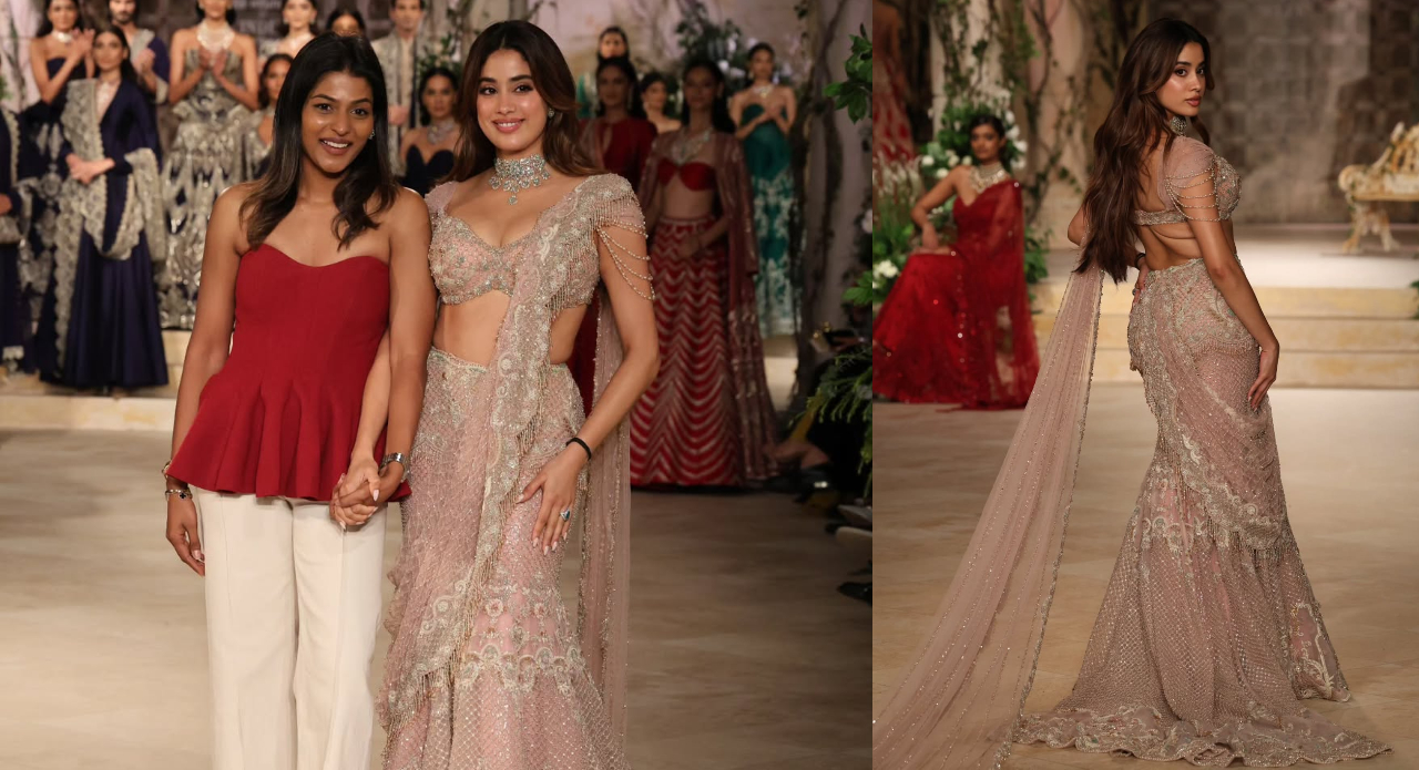 Janhvi Kapoor poses with designer Jayanthi Reddy backstage (left), and walks the runway in a blush-toned lehenga (right) at India Couture Week 2025 (Images: Instagram)