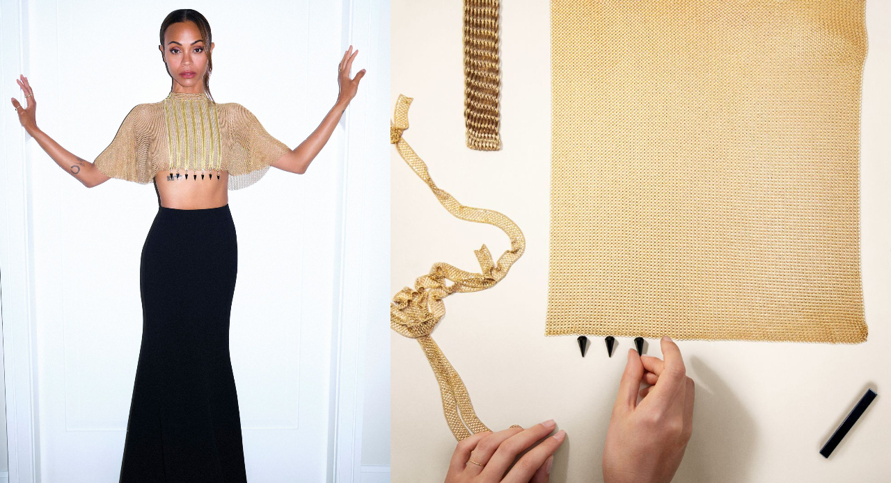 A couture-meets-jewellery statement: Zoe’s 2023 Vanity Fair Oscars afterparty look featured a custom chainmail cape by Cartier. Beside it, a glimpse into the making of this audacious creation. (Images:Instagram)