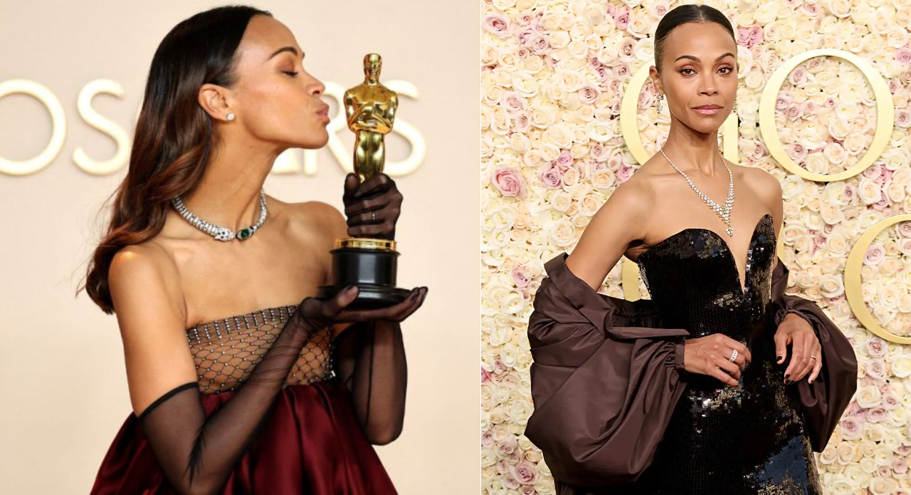 Left: Saldaña stuns in the Panthères Versatiles emerald piece at the 2024 Oscars. Right: Radiating in yellow diamonds at the Golden Globes. (Images:Instagram)