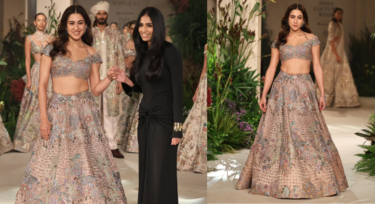 Sara Ali Khan with Aisha Rao after her showstopper moment (left); Sara stuns in rose gold on the runway (right). (Images: Instagram)