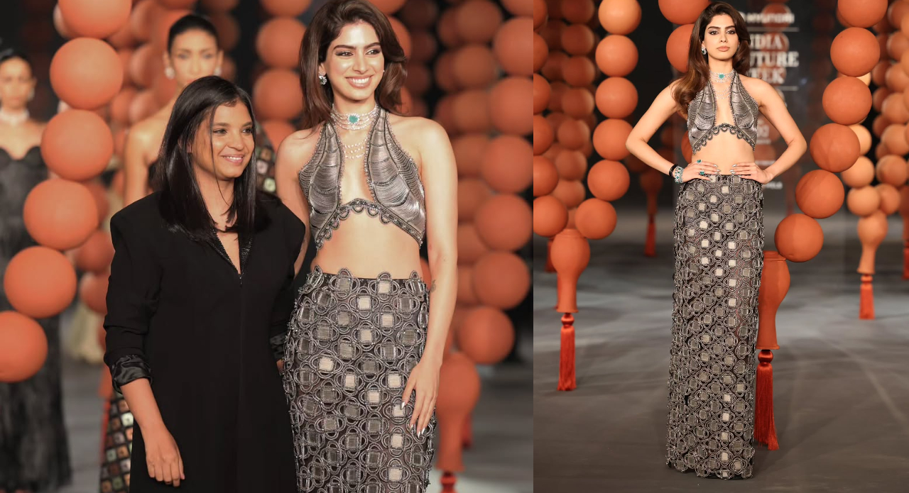 Khushi Kapoor with Rimzim Dadu post-show (left); Khushi walks the ramp in sculptural metallics (right). (Images: Instagram)