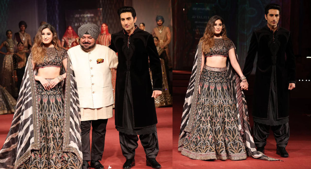 Left: Rasha Thadani and Ibrahim Ali Khan pose with designer JJ Valaya; Right: The duo walks the runway as showstoppers at ICW 2025. (Images: Instagram)