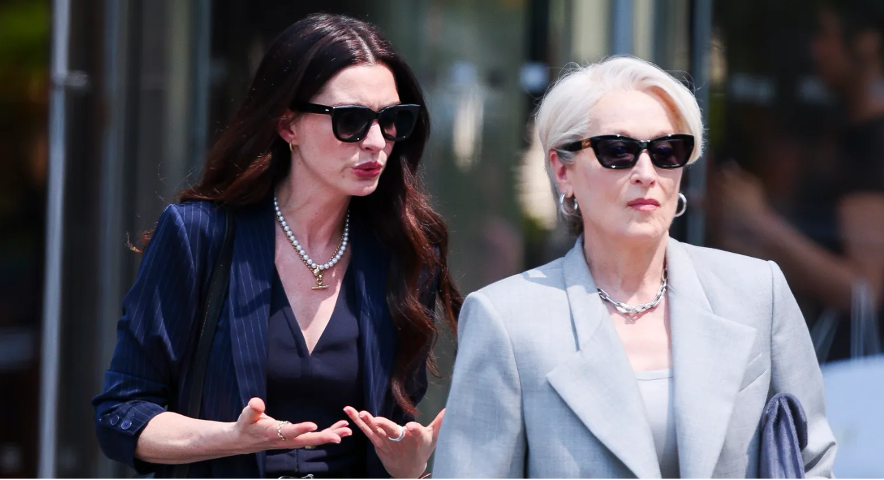Anne Hathaway and Meryl Streep take a moment between scenes on the Devil Wears Prada 2 set in New York City. (Image: Instagram)
