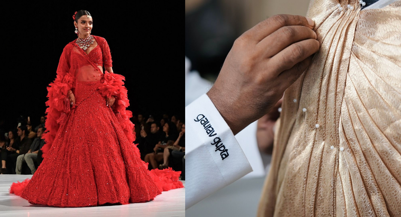 Red bridal lehenga and behind-the-scenes from Gaurav Gupta’s design studio (Image: Instagram)