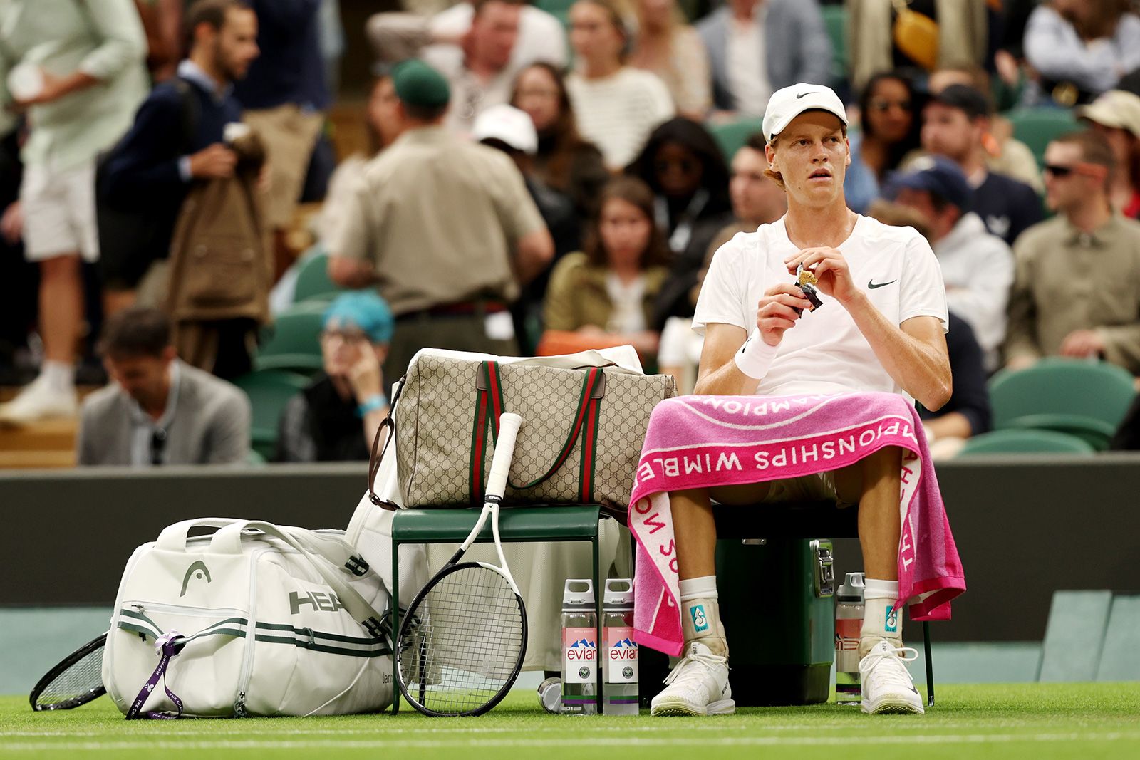 Jannik Sinner makes a bold style statement at Wimbledon, carrying a custom Gucci monogram duffle onto Centre Court, blending sport and Italian luxury.