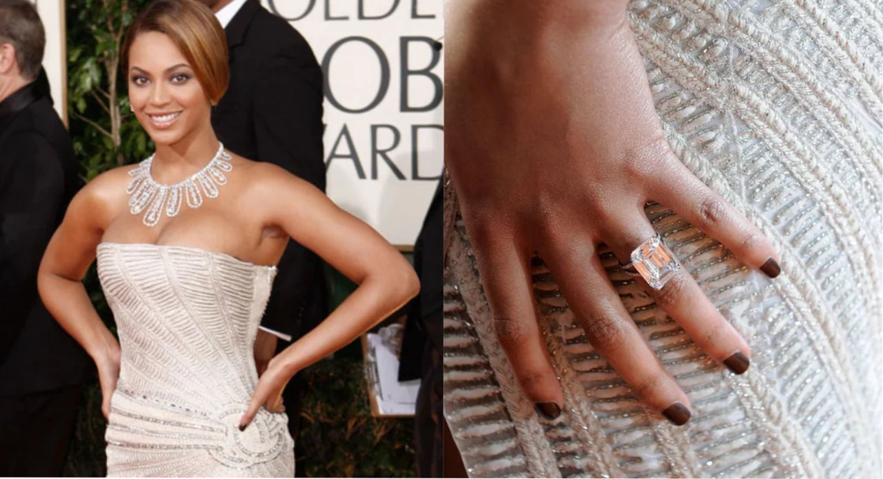Beyoncé’s striking 24-carat emerald-cut diamond ring from Jay-Z, a true symbol of modern royalty.