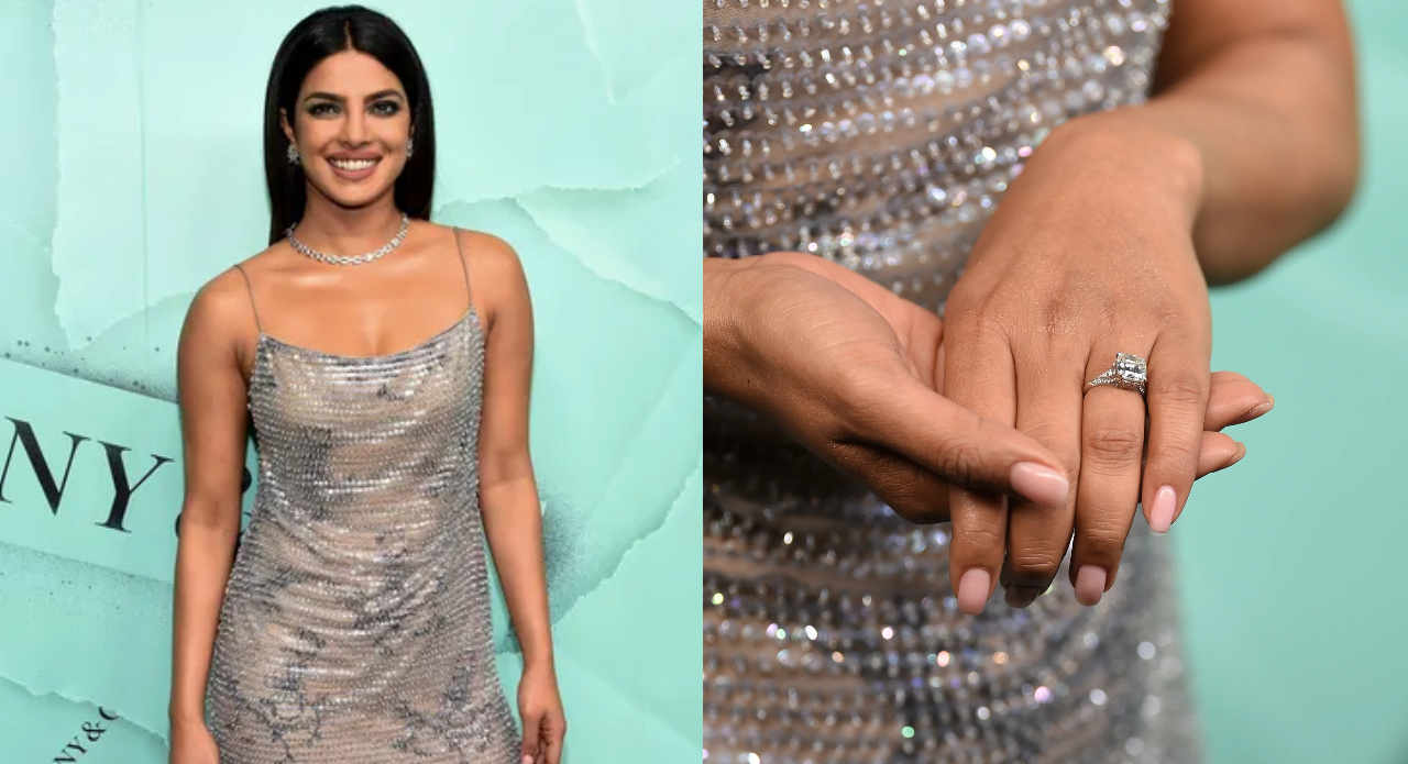 Priyanka Chopra’s Tiffany & Co. cushion-cut diamond, paired with tapered baguette sides, blends timeless charm with star power. (Image: Instagram)