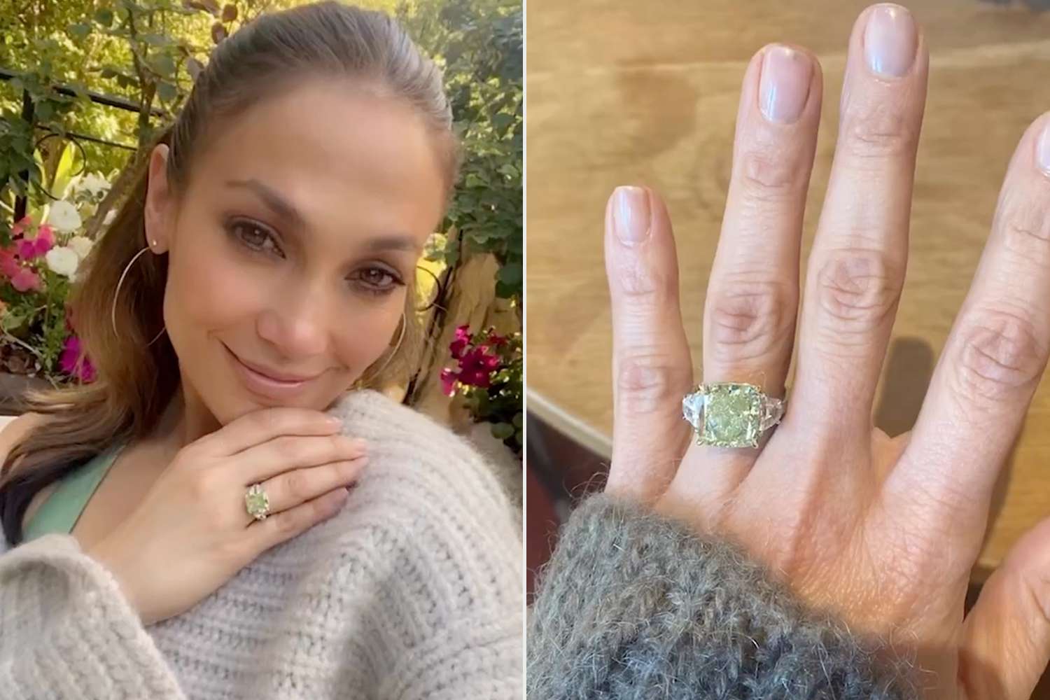 Jennifer Lopez wearing her rare green diamond engagement ring, a unique nod to her personal lucky colour.