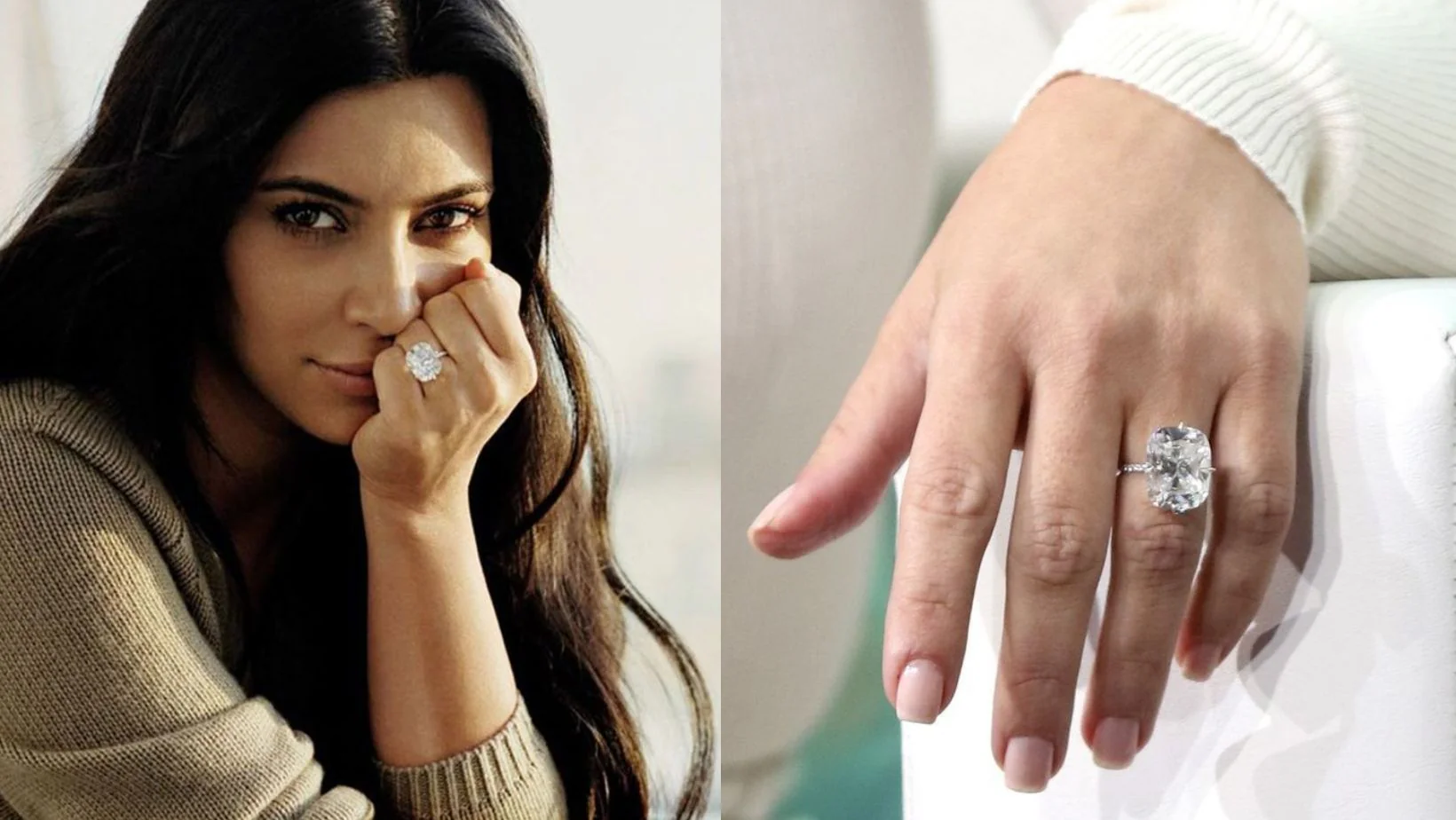 Kim Kardashian’s 15-carat cushion-cut diamond, gleaming against a slender pavé band, redefines minimalist glamour.