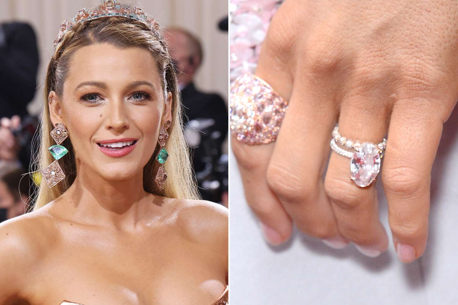 Blake Lively’s blush-hued oval diamond ring, set in rose gold, radiates romantic elegance.