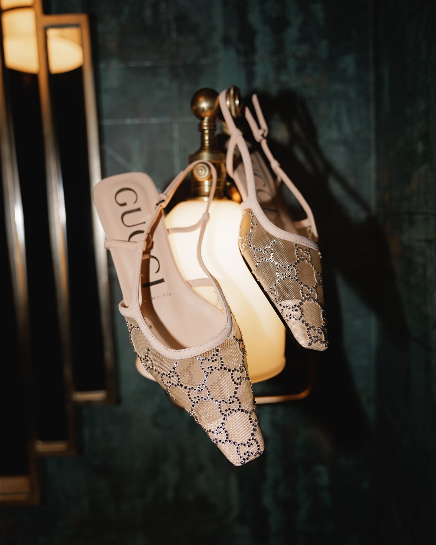 Gucci Suede Mesh Crystal GG Monogram Slingback