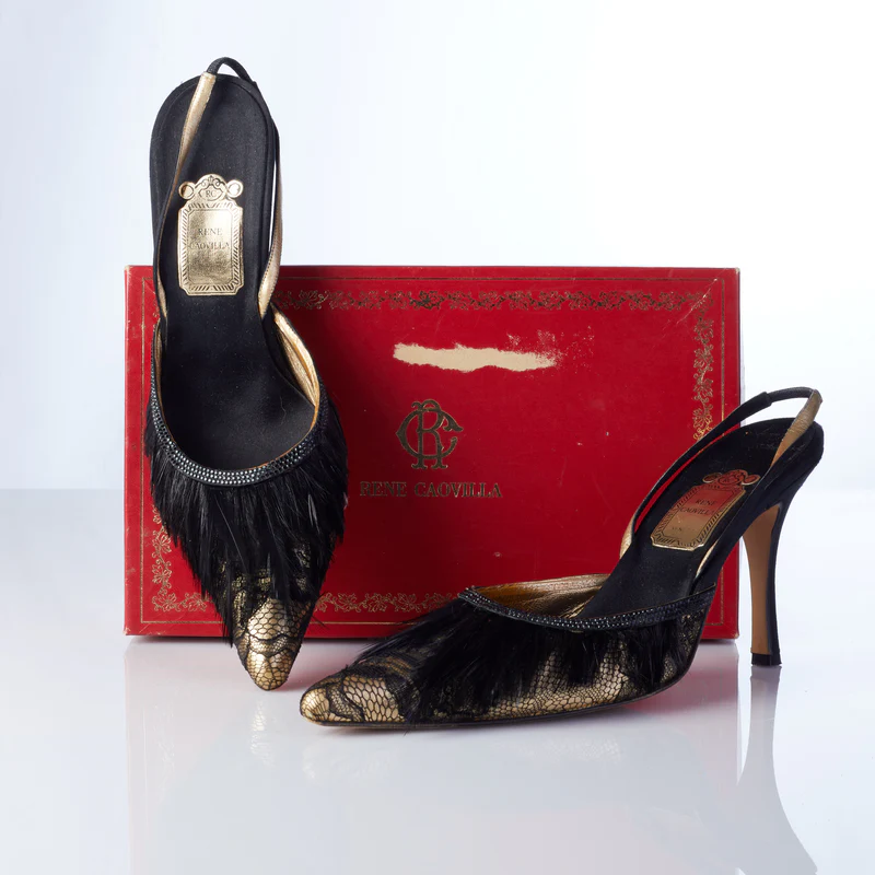 Rene Caovilla Black and Gold Slingback with Feather