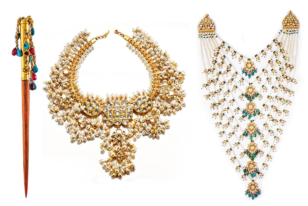 Gold Spinel Hair Pin by Amrapali Jewels; Guttapusallu by Kishandas & Co.; Saatlada by Kishandas & Co.