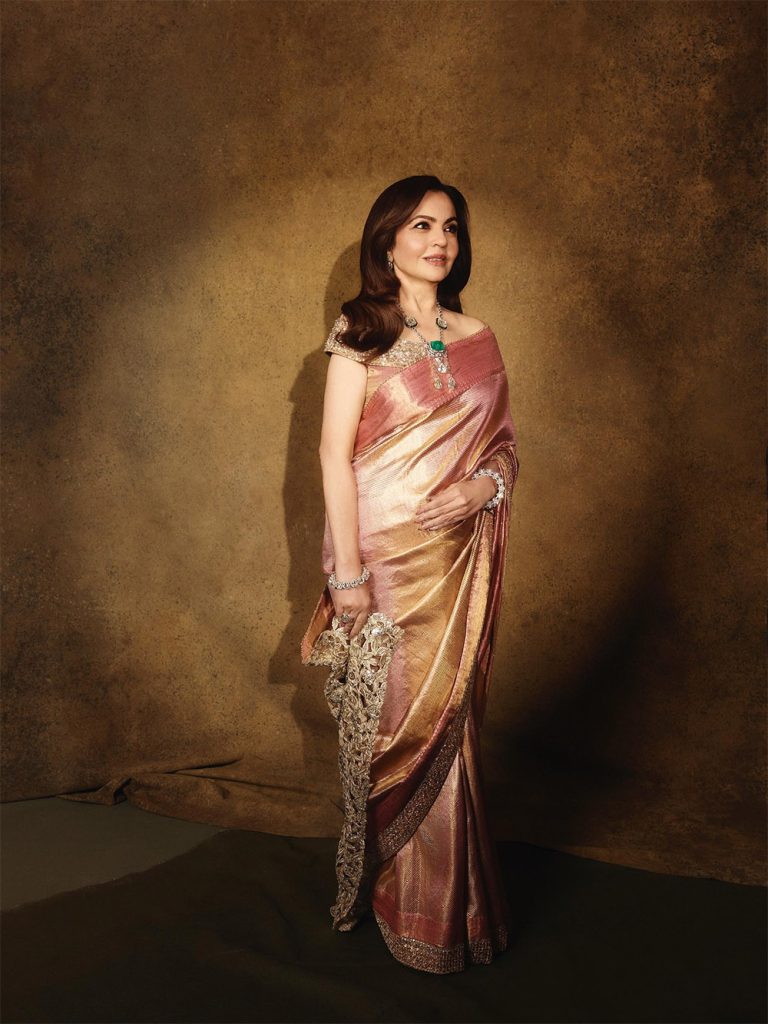 Nita Ambani’s powder-pink Kanjivaram sari