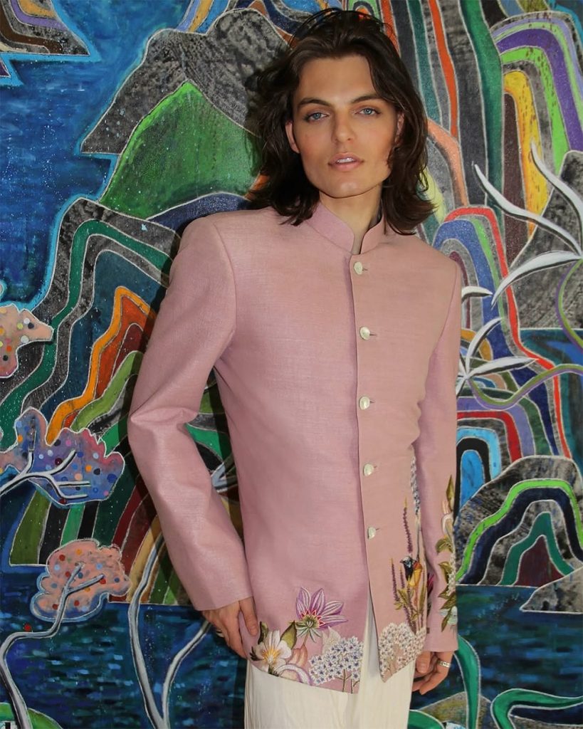 Pink bandgala jacket for bride's father wedding look