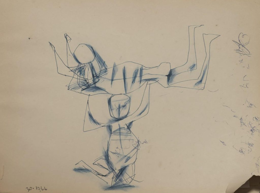 A sketch by Somnath Hore depicting the burden on a man during times of despair