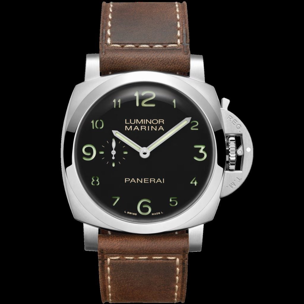 This 44mm stainless steel watch gets a sandwich matte black dial with full Arabic numerals in green Super-LumiNova, and a small seconds at 9 o’clock.