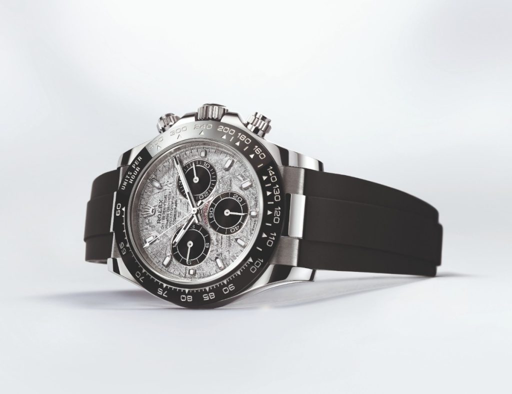 This 40mm timepiece has an 18k white gold case which is fitted with a monobloc Cerachrom bezel in black ceramic with a tachymetric scale