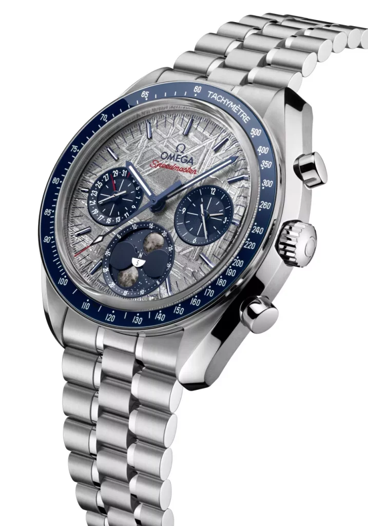 This 43mm stainless steel timepiece gets a galvanic grey coated meteorite dial on a blue PVD coated base, with a blue ceramic bezel and white enamel tachymeter scale