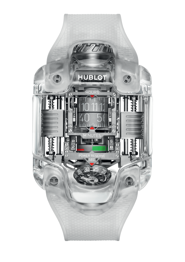 The hours and minutes in the upper third of the dial, combined with an invisible magnifying glass; the circular power reserve on Hublot MP-10 Tourbillon Weight Energy System Sapphire 