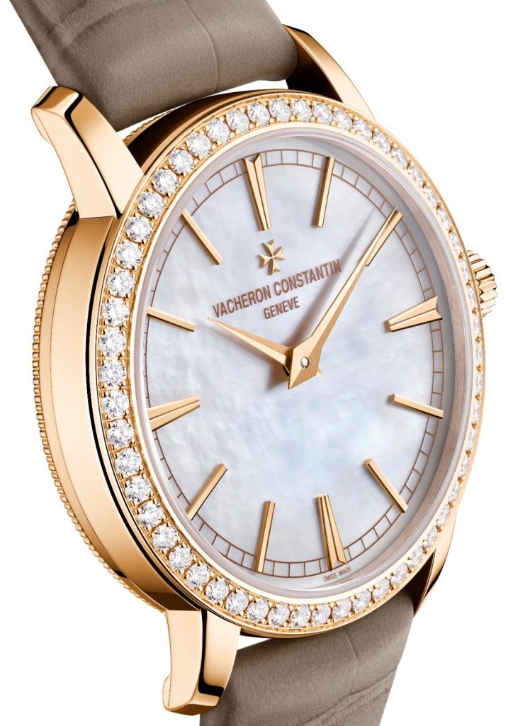 Vacheron Constantin Traditionnelle Manual-Winding has an 18K pink gold 33mm round case, and the bezel is set with 54 round-cut diamonds