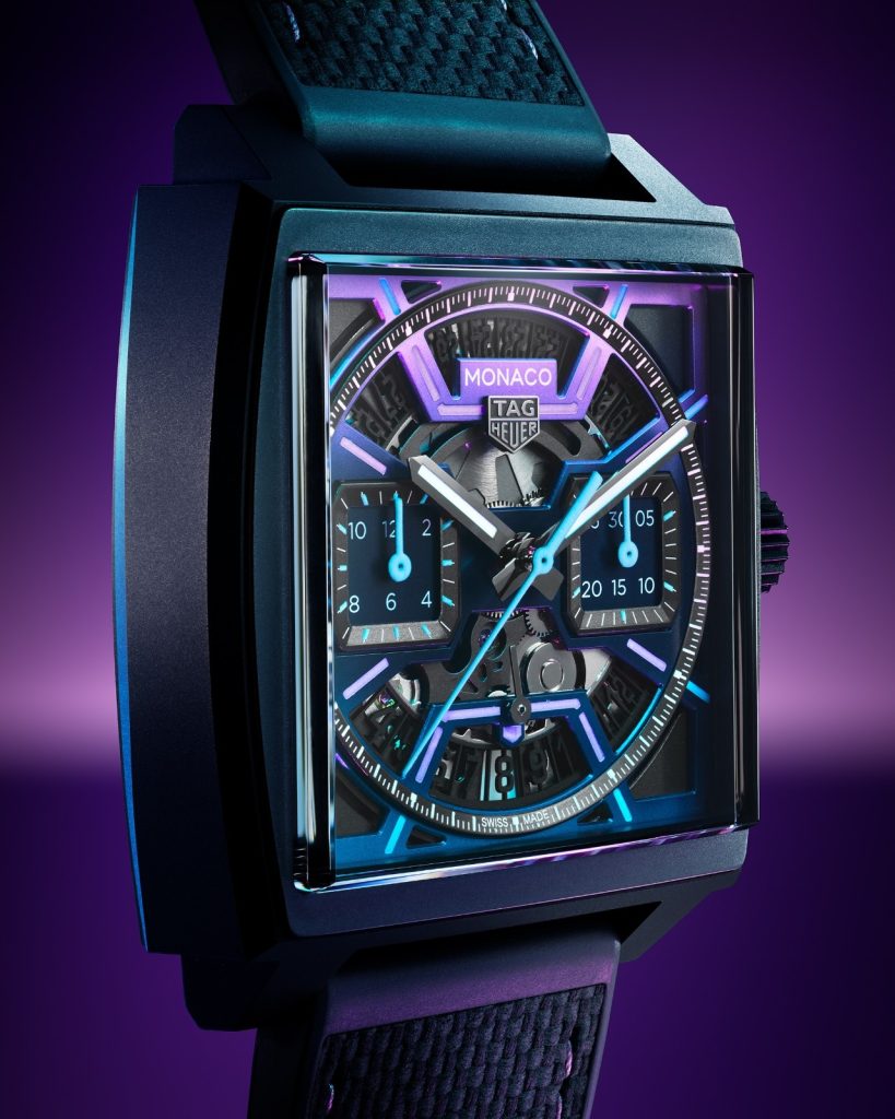 The 39mm case is crafted in black DLC-coated titanium, making it both lightweight and resilient