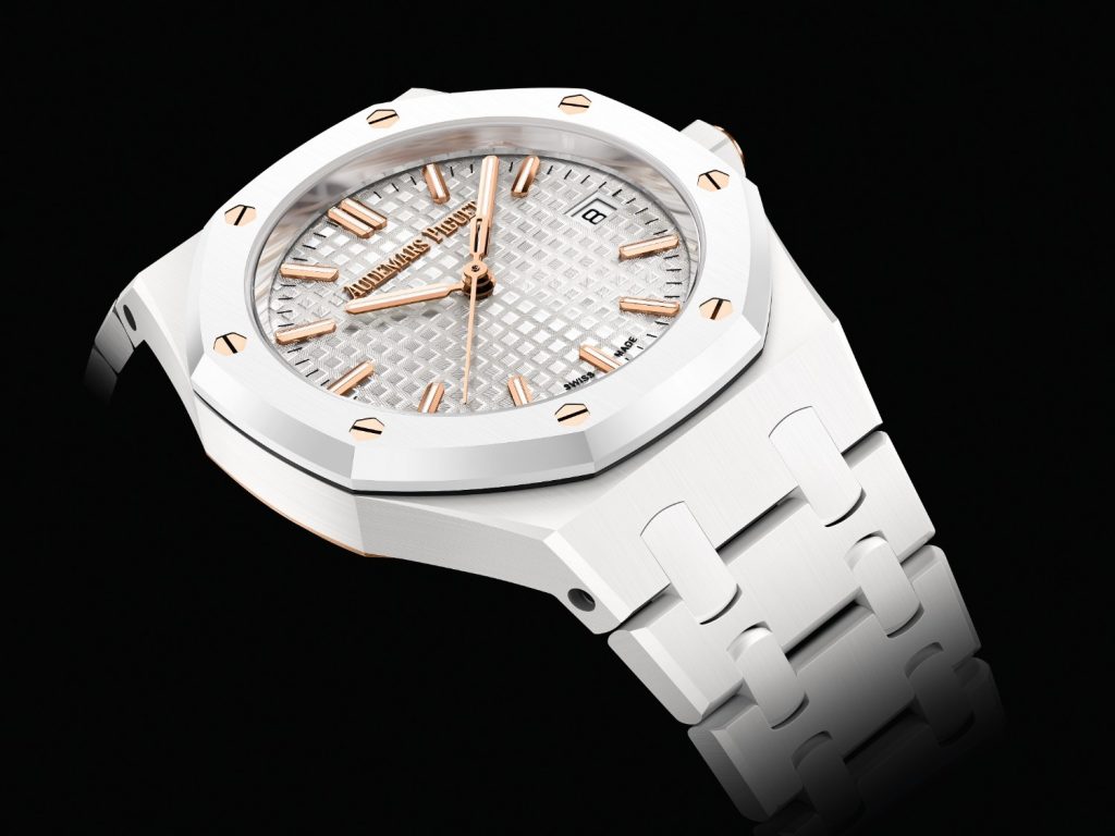 The 34 mm Audemars Piguet Royal Oak Selfwinding watch gets a white ceramic case, a bezel with eight hexagonal 18 ct pink gold screws, and integrated lugs and bracelet