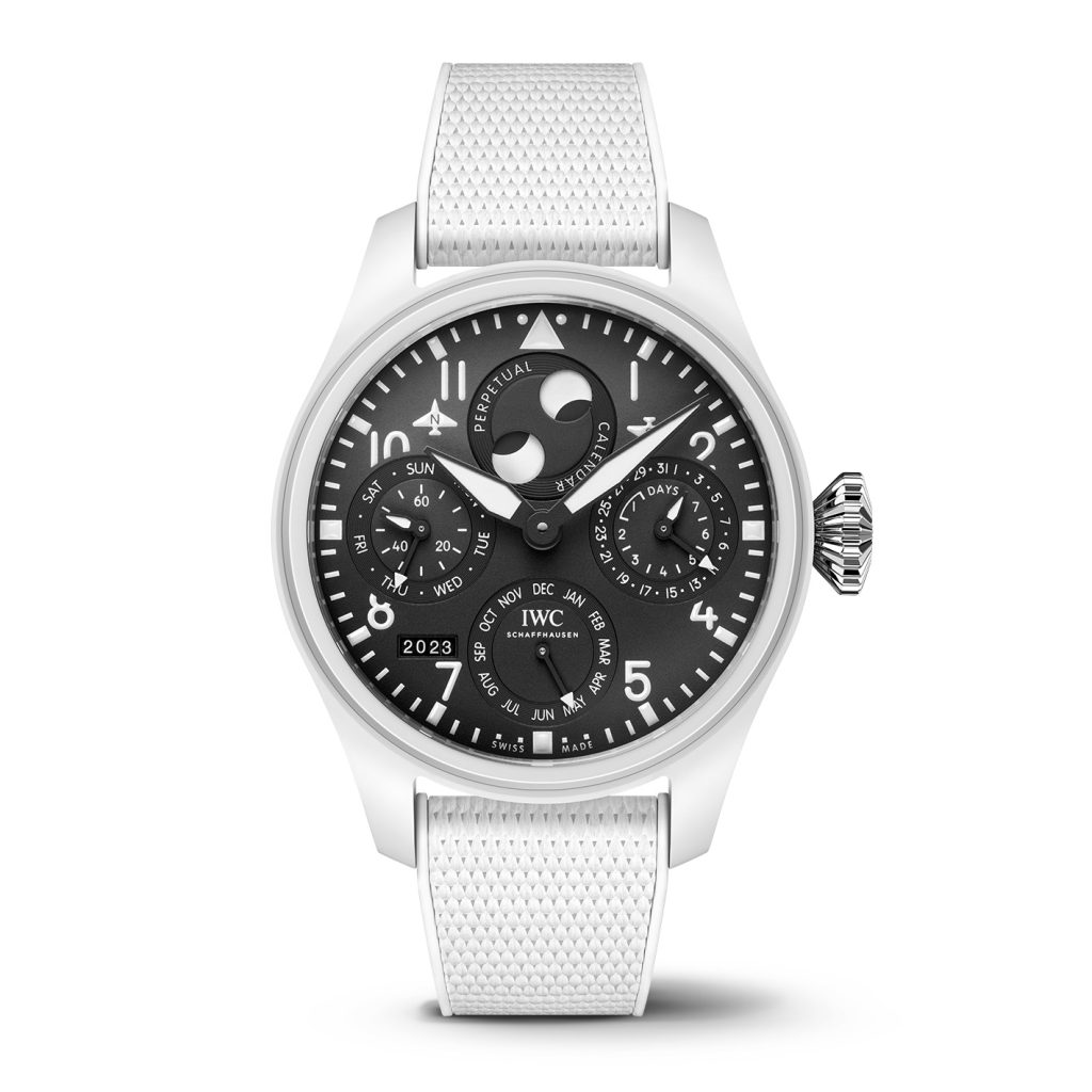The 46.5 mm white ceramic watch has a pitch black dial and black hands with white Super-LumiNova