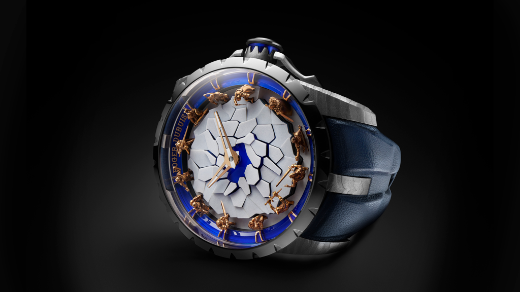 The dial replicates the colour and texture of an iced-over lake