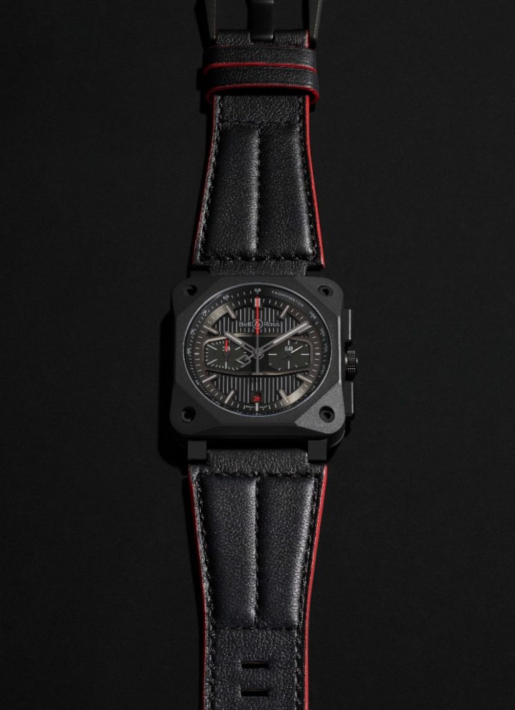 The 42 mm matte black ceramic case comes with faceted angles and an octagonal bezel
