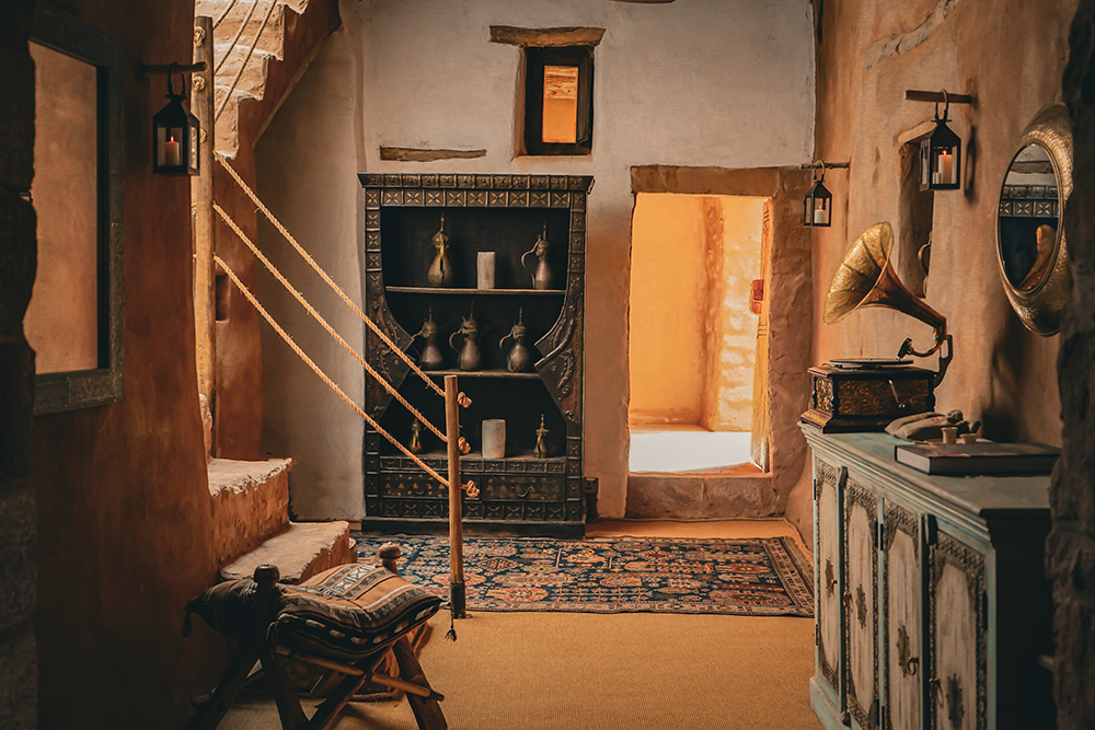 Saudi Arabia traditional house hotel Dar Tantora The House Hotel, AlUla heritage hotel Saudi Arabia Dar Tantora The House Hotel, egyptian textiles