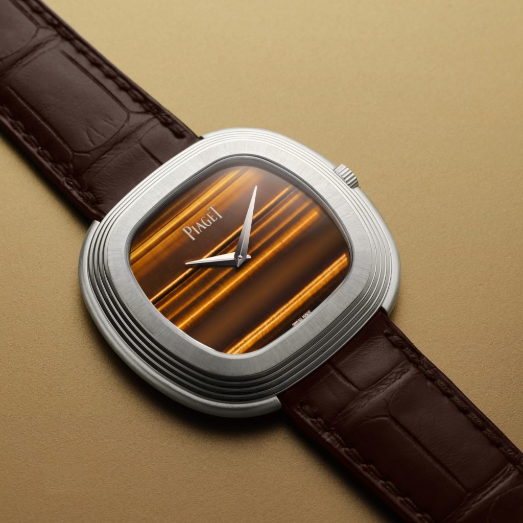 This 45mm rhodium cushion shaped watch is finished 18K white gold