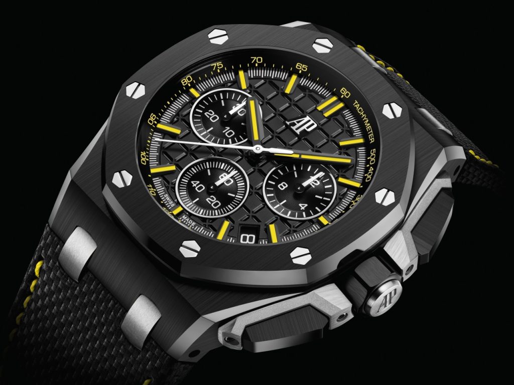 This 43mm black ceramic watch gets yellow