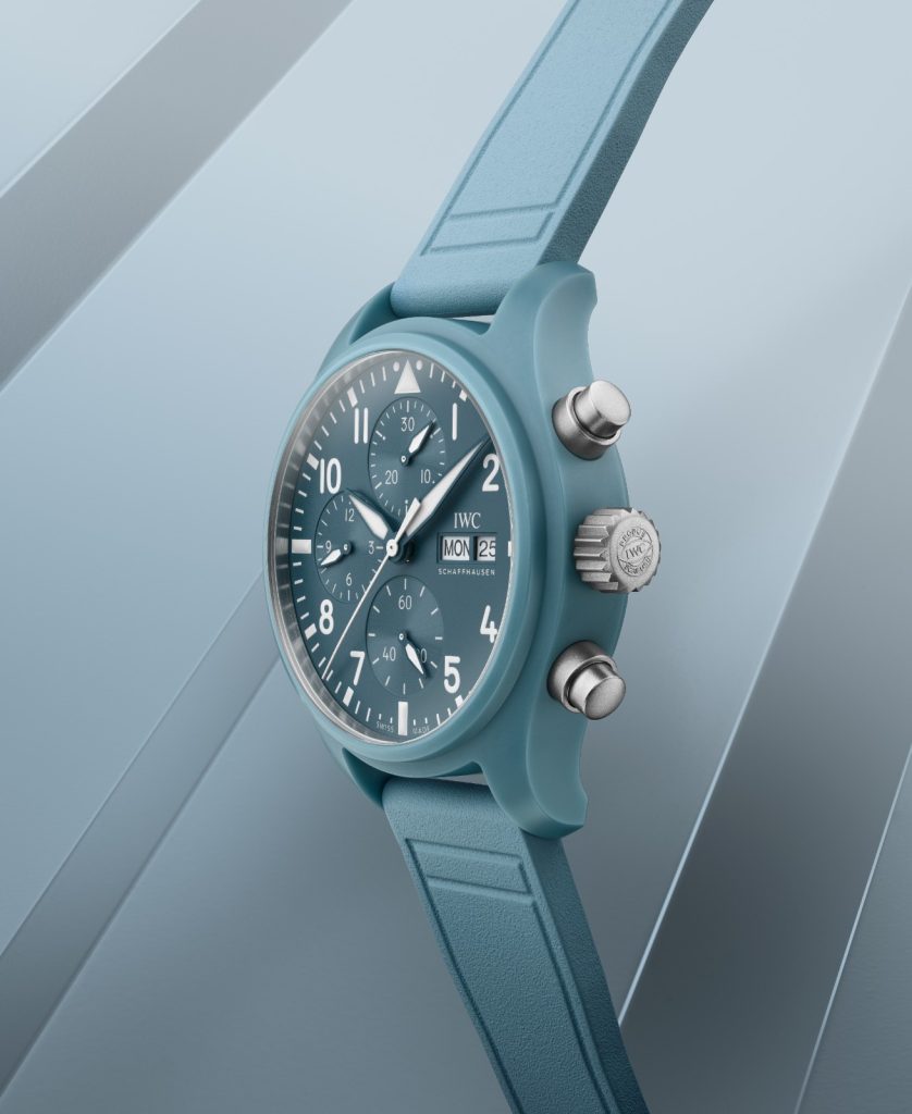 This timepiece features a light blue ceramic case