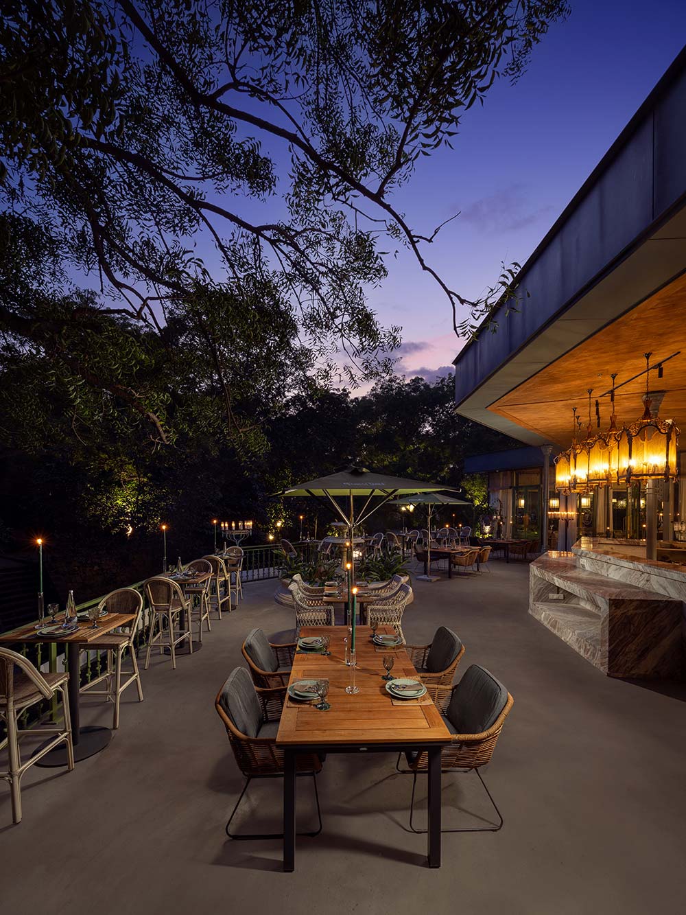 Outdoor seating of the octagonal-shaped restaurant