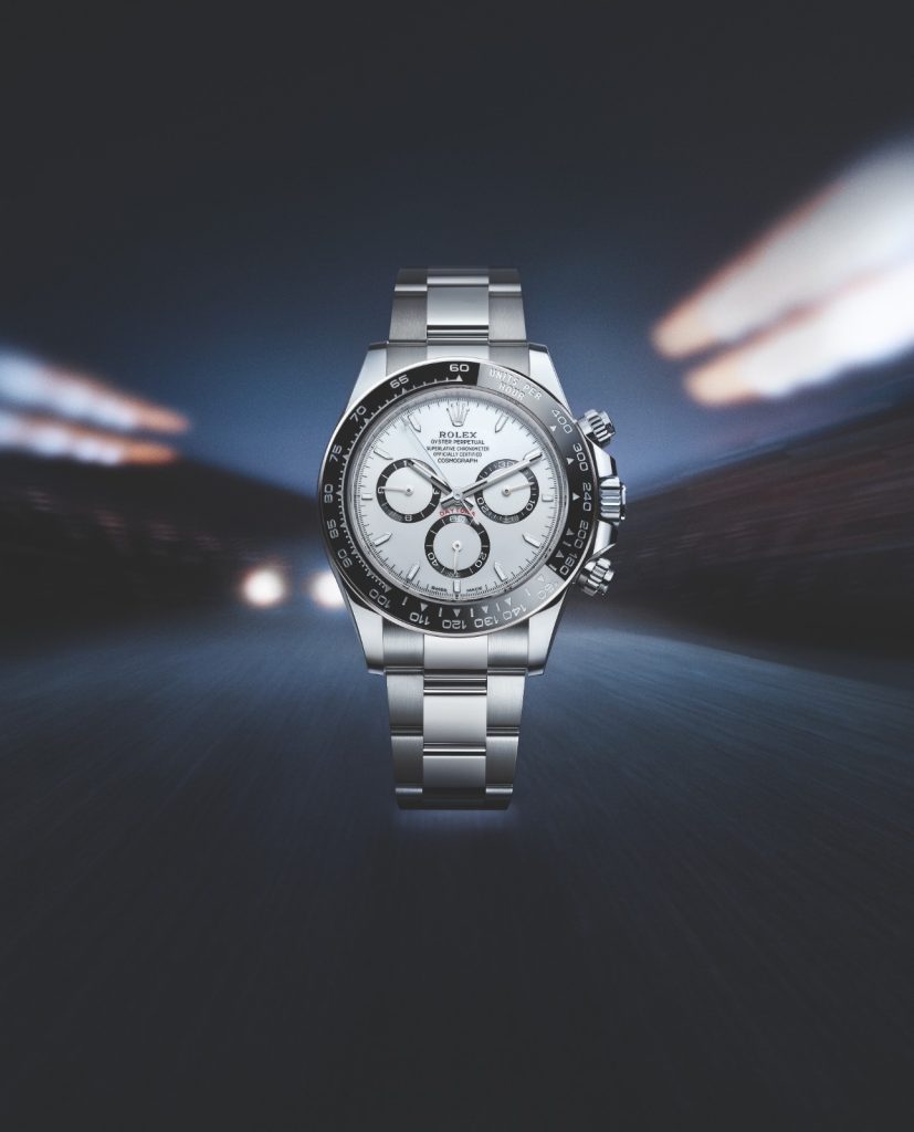 The 40mm Oystersteel novelty has a white lacquer dial