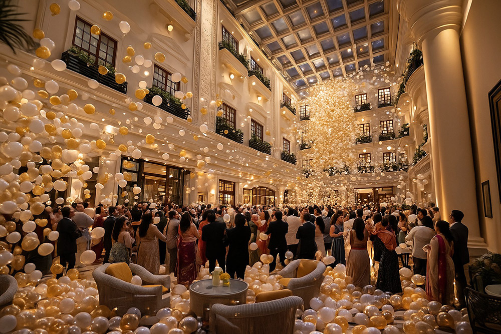 Balloon Drop for New Year Gala at The Atrium at The Imperial, best fine dining restaurants in delhi for new year,luxury restaurants in Delhi,New Year 2025 celebrations in Delhi,