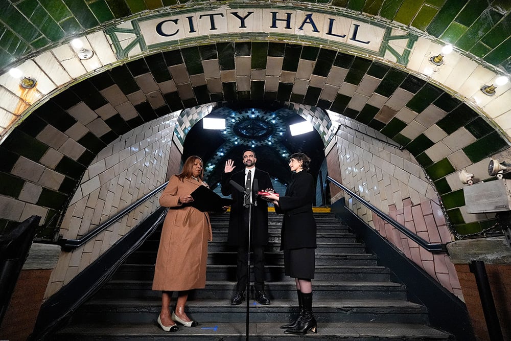 New York Attorney General Letitia James, left, administers the oath of office to mayor-elect Zohran Mamdani