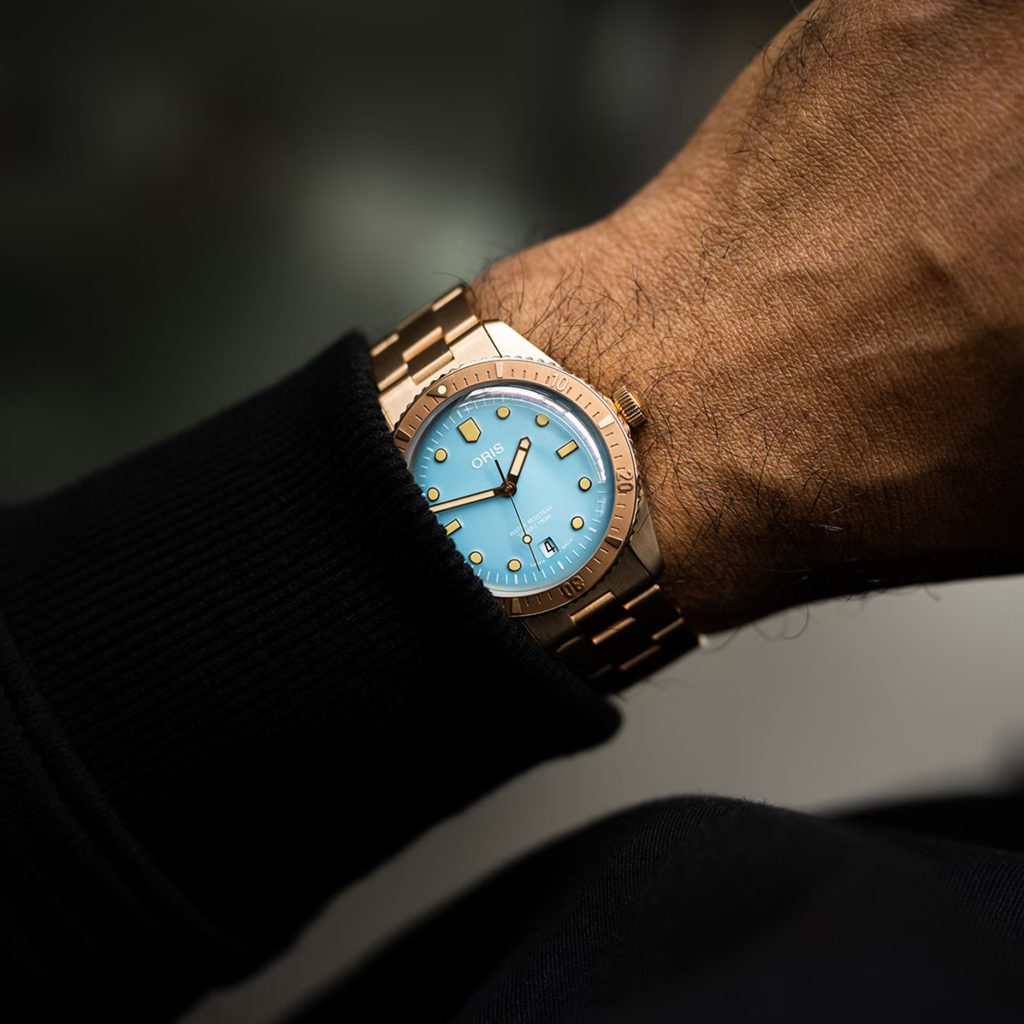 The Oris Divers Sixty-Five Cotton Candy with its striking blue dial