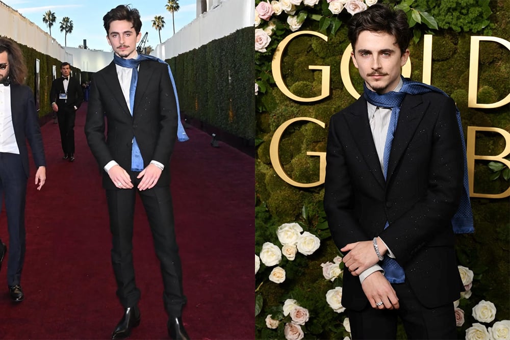 Timothée Chalamet In Cartier, award show jewelry highlights,Golden Globes earrings and bracelets,