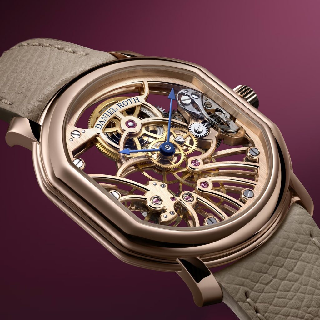 the watch highlights Daniel Roth’s mastery of skeletonisation, marrying mechanical purity with modern finesse